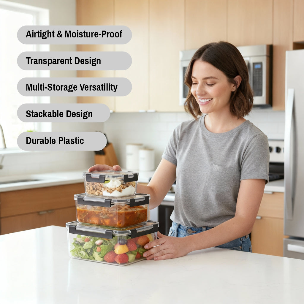 Pack of 3 Vacuum Food Storage Containers with Lids – Airtight Stackable Plastic Kitchen Storage Set