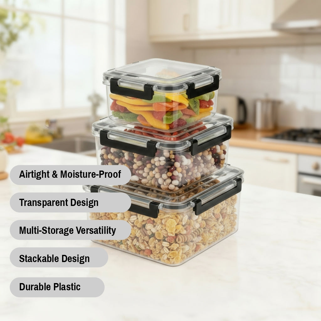 Pack of 3 Vacuum Food Storage Containers with Lids – Airtight Stackable Plastic Kitchen Storage Set