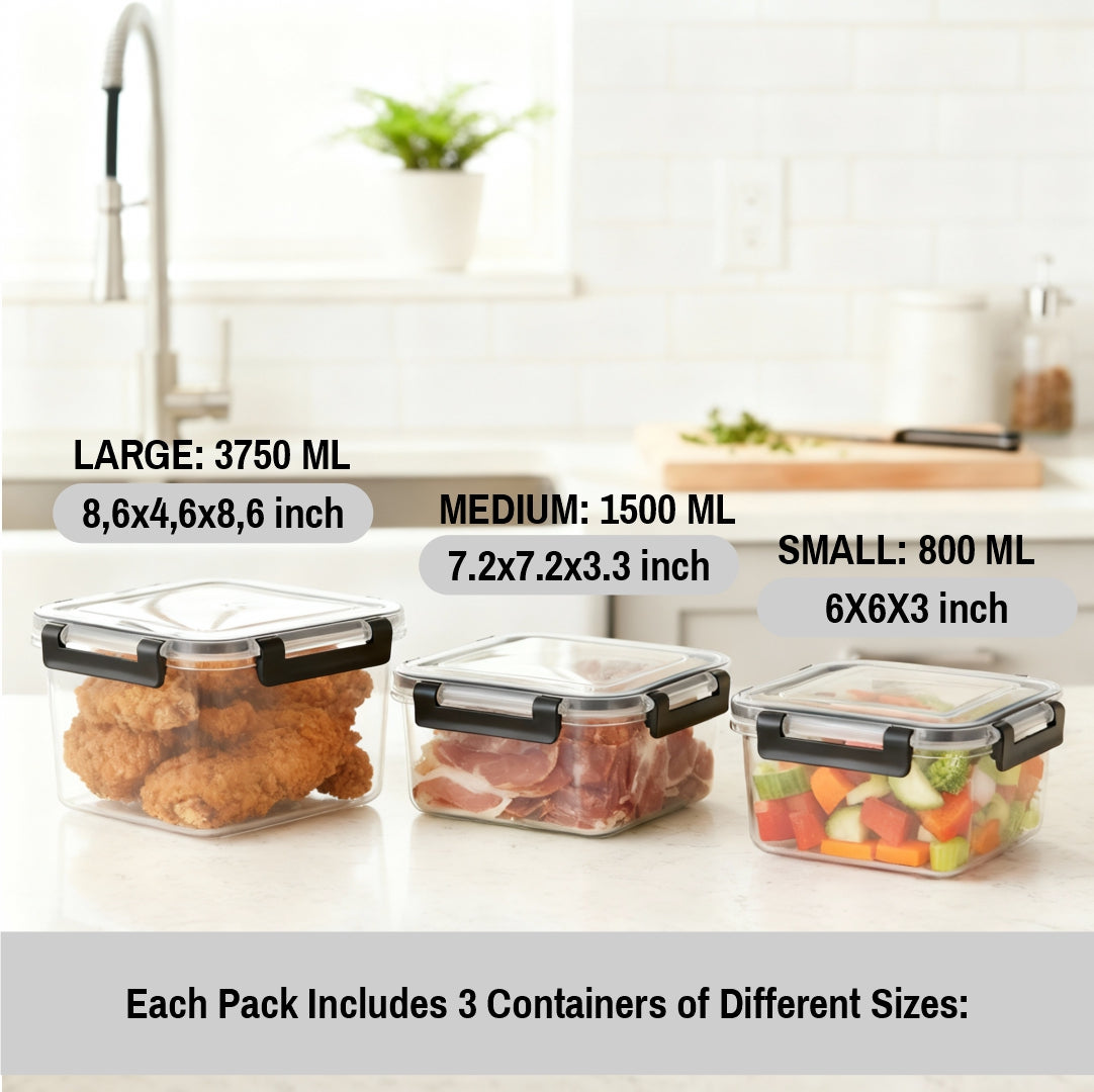 Pack of 3 Vacuum Food Storage Containers with Lids – Airtight Stackable Plastic Kitchen Storage Set