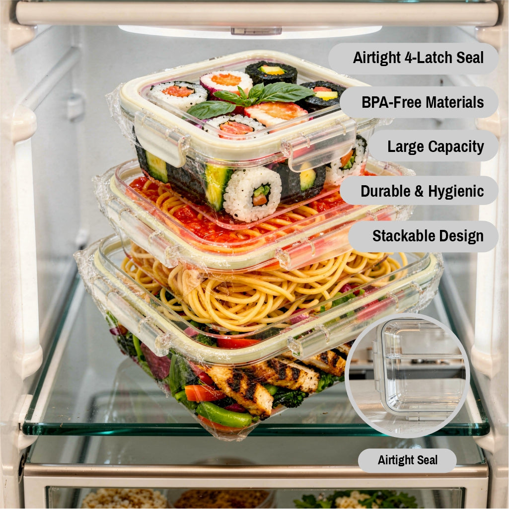 Food Storage Containers with Lids – Pack of 3 Airtight Plastic Food Containers for Pantry Organization & Kitchen Storage