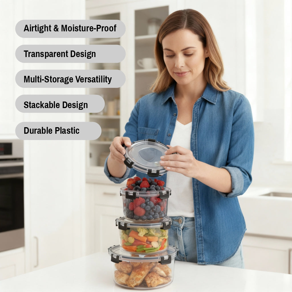 Pack of 3 Vacuum Food Storage Containers with Lids – Airtight Stackable Plastic Kitchen Storage Set