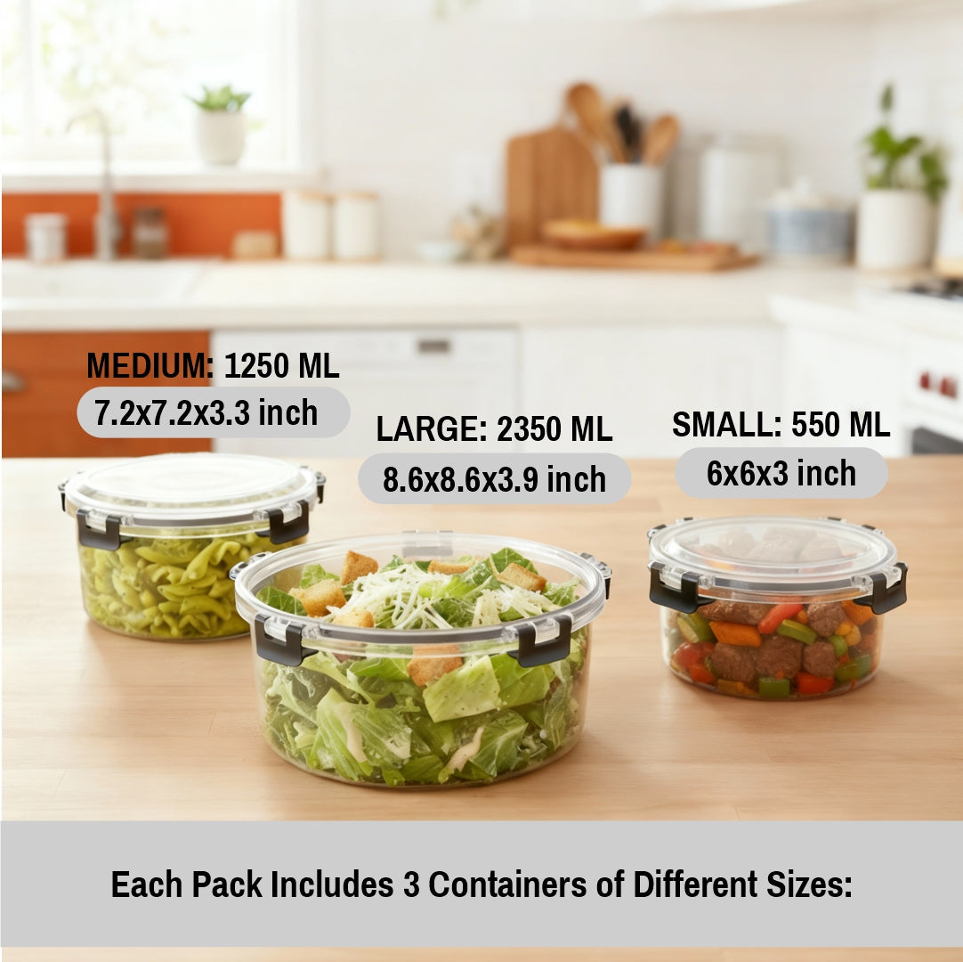 Pack of 3 Vacuum Food Storage Containers with Lids – Airtight Stackable Plastic Kitchen Storage Set